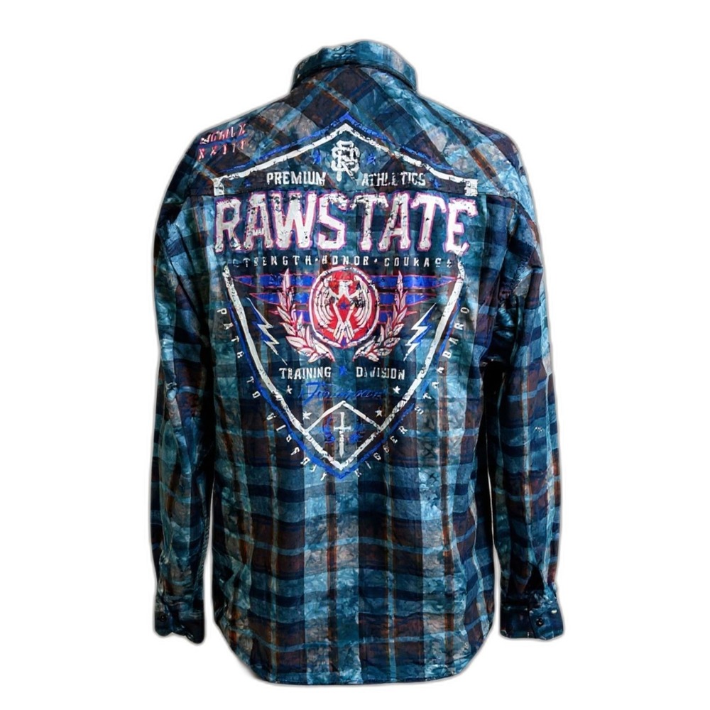 Raw State Shirt Men's XL Blue Plaid Button Up‎ Spell Out Logo  - AC